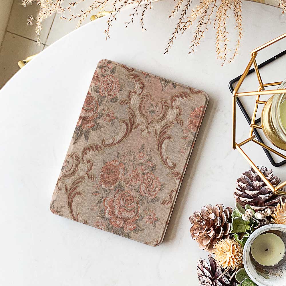 Antique-Petals-Kindle-case-delicate-hand-painted-florals-vintage-design-soft-earthy-palette-refined-taste.
