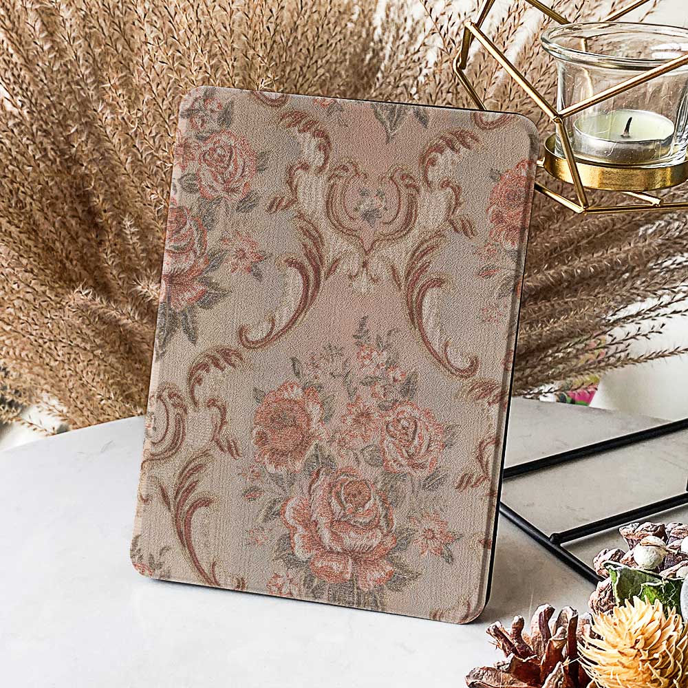 Antique-Petals-Kindle-case-delicate-hand-painted-florals-vintage-design-soft-earthy-palette-refined-taste.