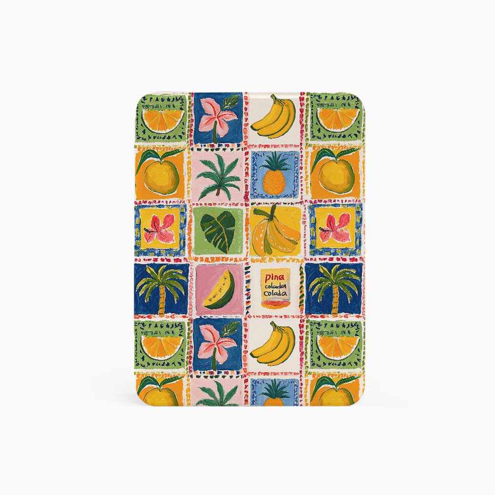 Fruit Fiesta Checkered Kindle design featuring stamps with fruits like orange, banana, pineapple, dragon fruit, watermelon, and mango, with colorful backgrounds in blue, yellow, pink, and red