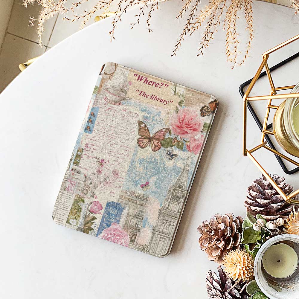 Kindle Fire 8 case featuring a vibrant garden collage design, blending floral patterns and greenery for a stylish and protective cover.