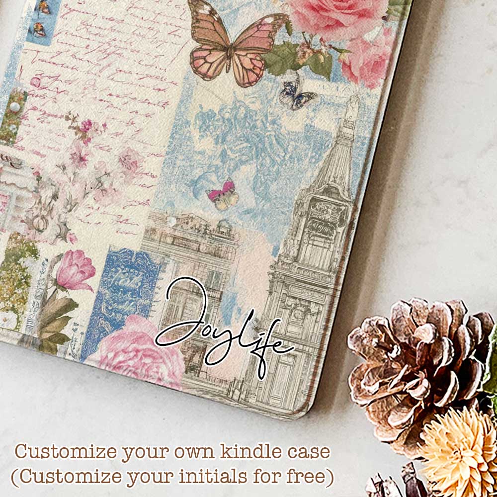 Kindle Fire 8 case featuring a vibrant garden collage design, blending floral patterns and greenery for a stylish and protective cover.