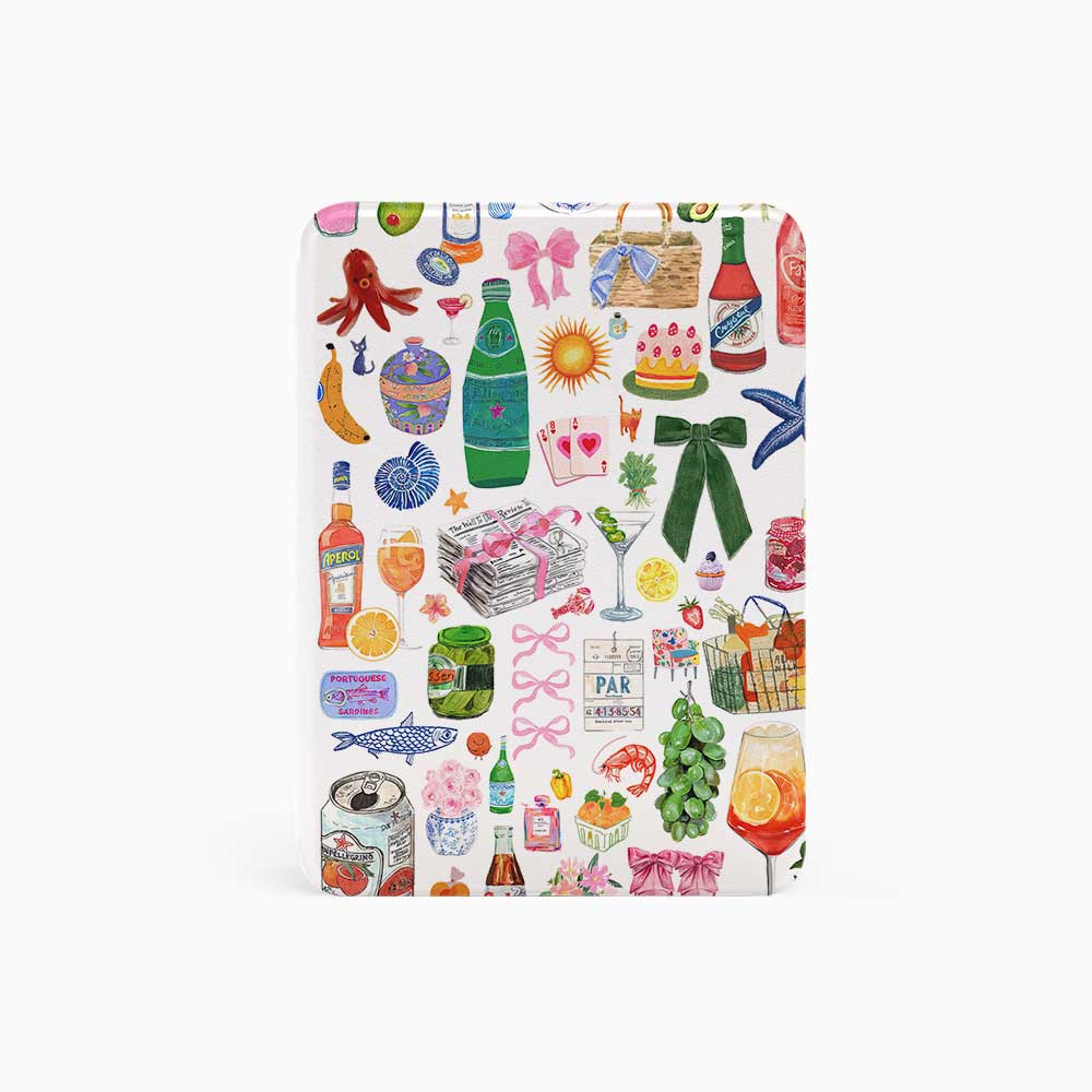 Kindle Paperwhite Gen 12 Case with Hand-drawn illustrations of drinks, food, fruits, seafood, with decorative elements like stars, butterflies, and flowers.