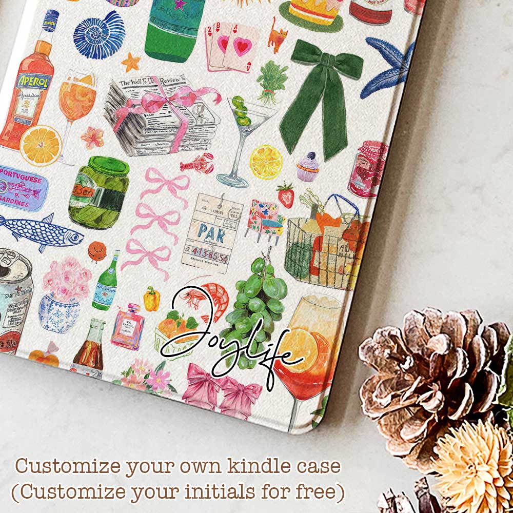 Kindle Paperwhite Gen 12 Case with Hand-drawn illustrations of drinks, food, fruits, seafood, with decorative elements like stars, butterflies, and flowers.