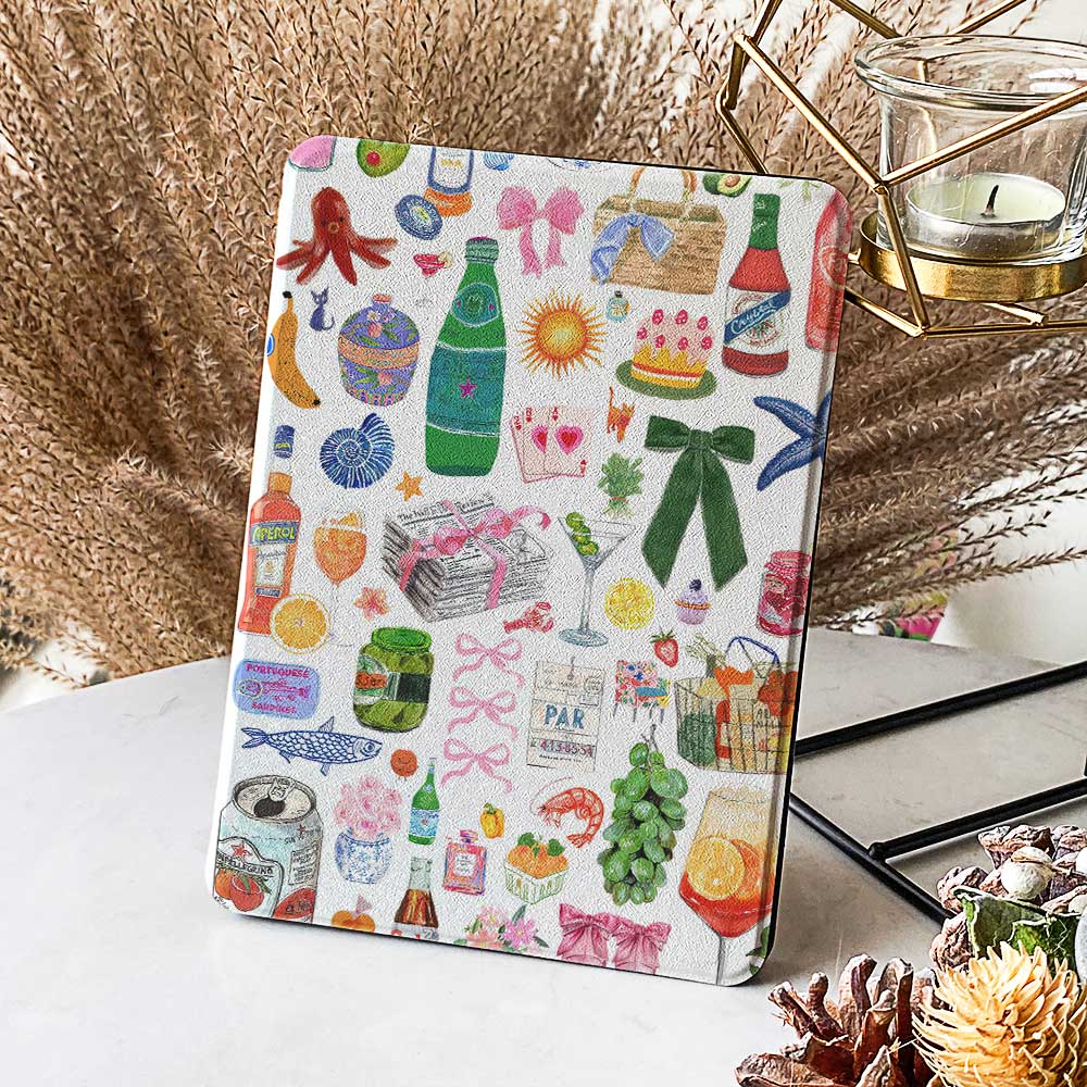 Kindle Paperwhite Gen 12 Case with Hand-drawn illustrations of drinks, food, fruits, seafood, with decorative elements like stars, butterflies, and flowers.