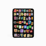 Black case with colorful alphabet letters on a white background