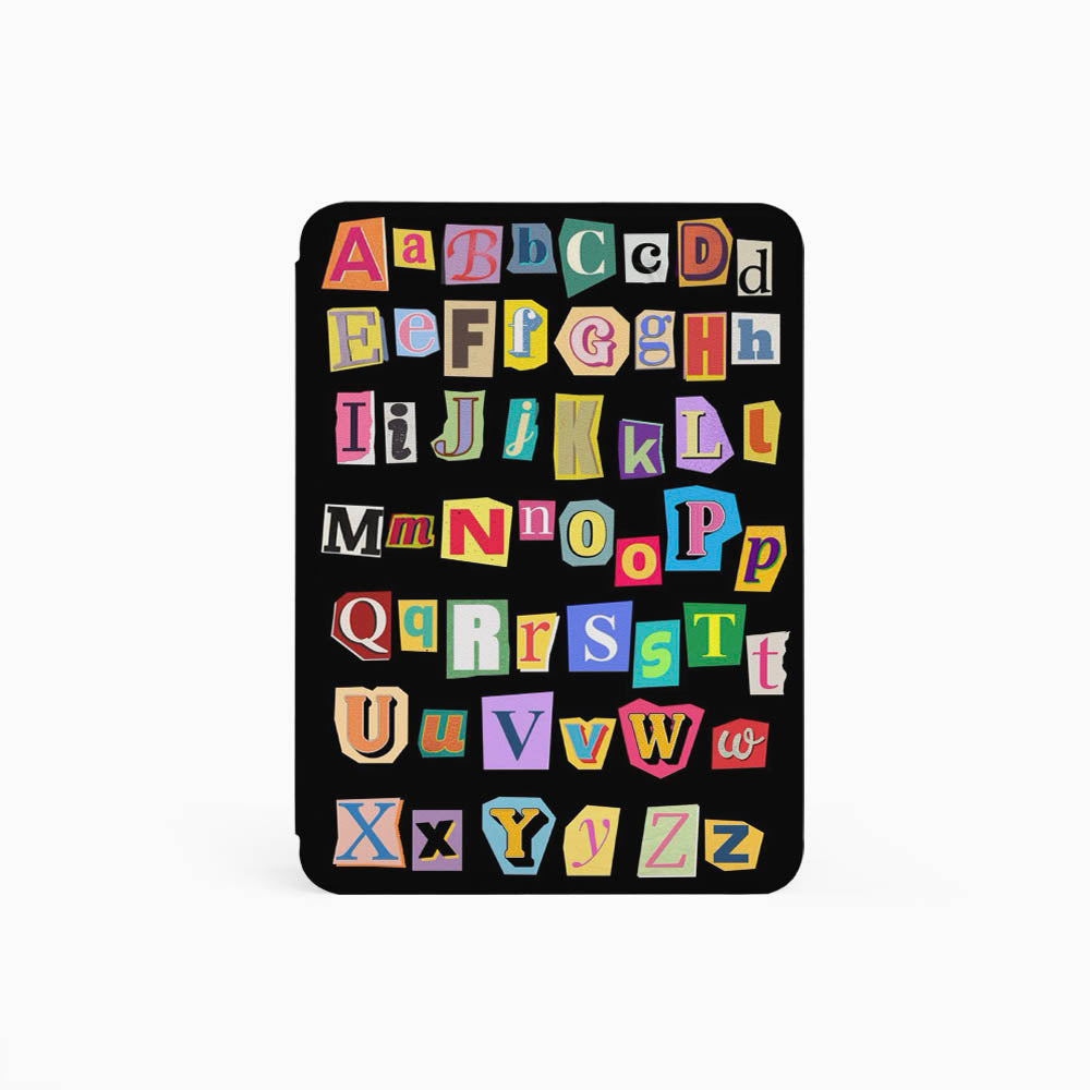 Black case with colorful alphabet letters on a white background