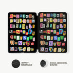 Two black cases with colorful letters on a white background
