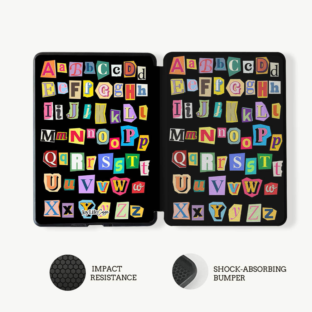 Two black cases with colorful letters on a white background