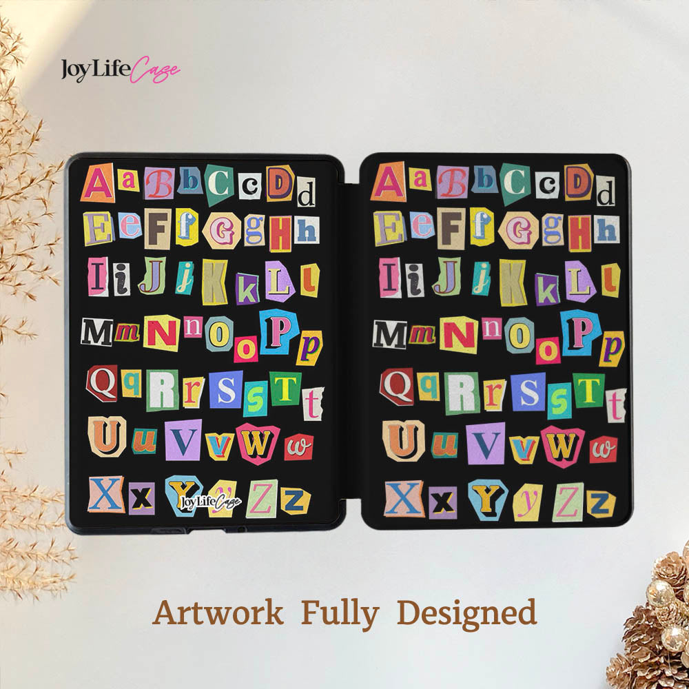 Two black cases with colorful letter designs on a white background, featuring the JoyLife Cage brand.
