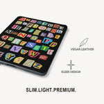Black vegan leather case with colorful letters on a white background