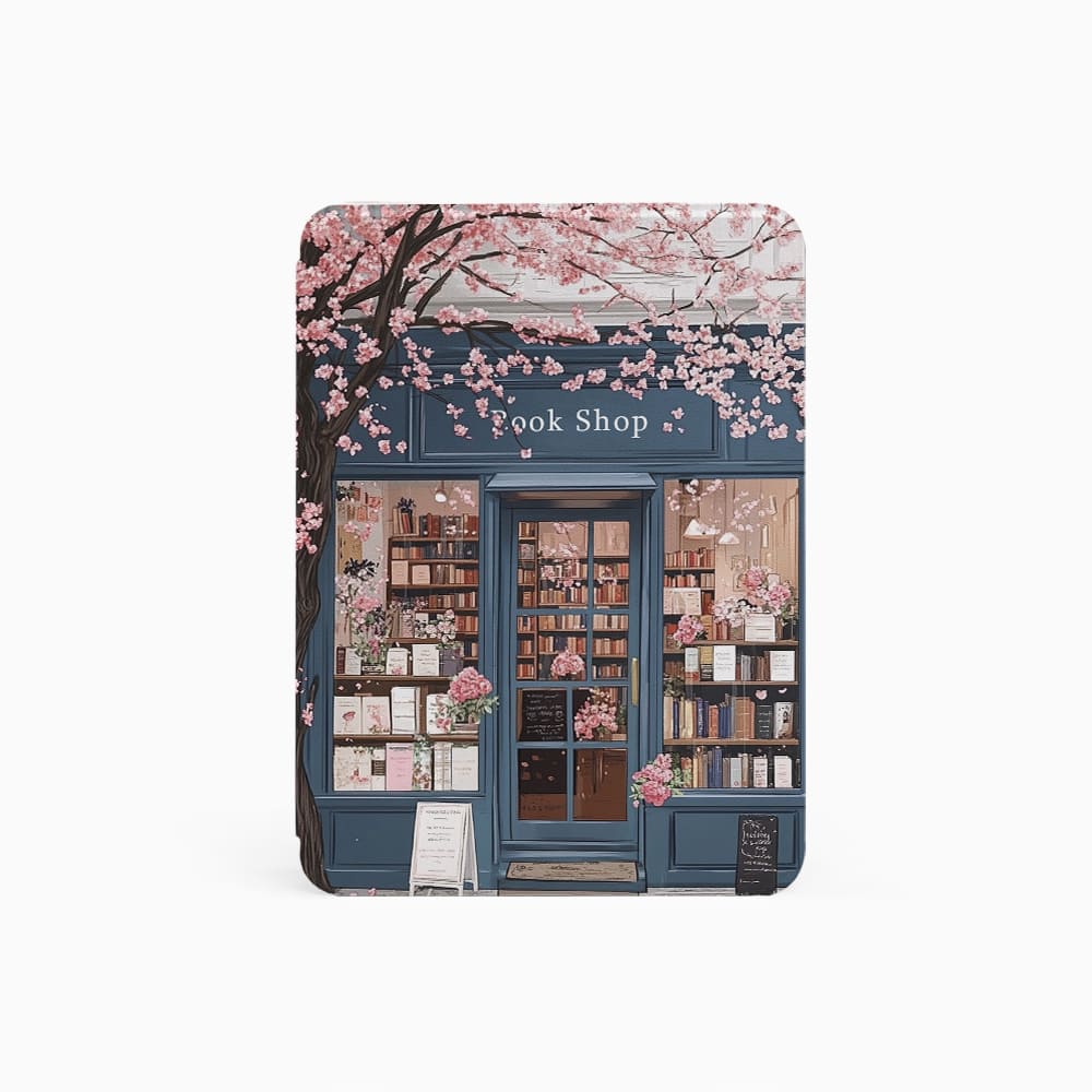 Notebook cover with a design of a bookshop and cherry blossoms on a white background