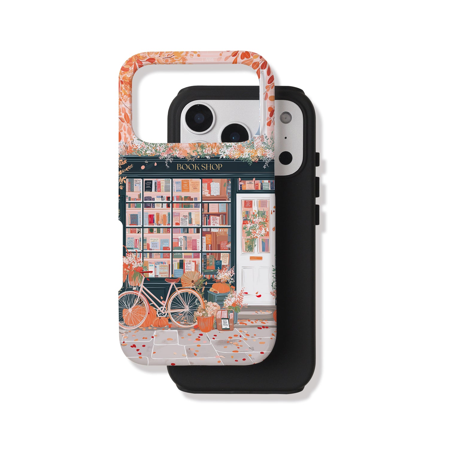 Phone case with a bookshop design featuring a bicycle and books.