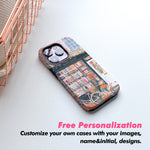 Phone case with a colorful design on a white surface, featuring text about free personalization.