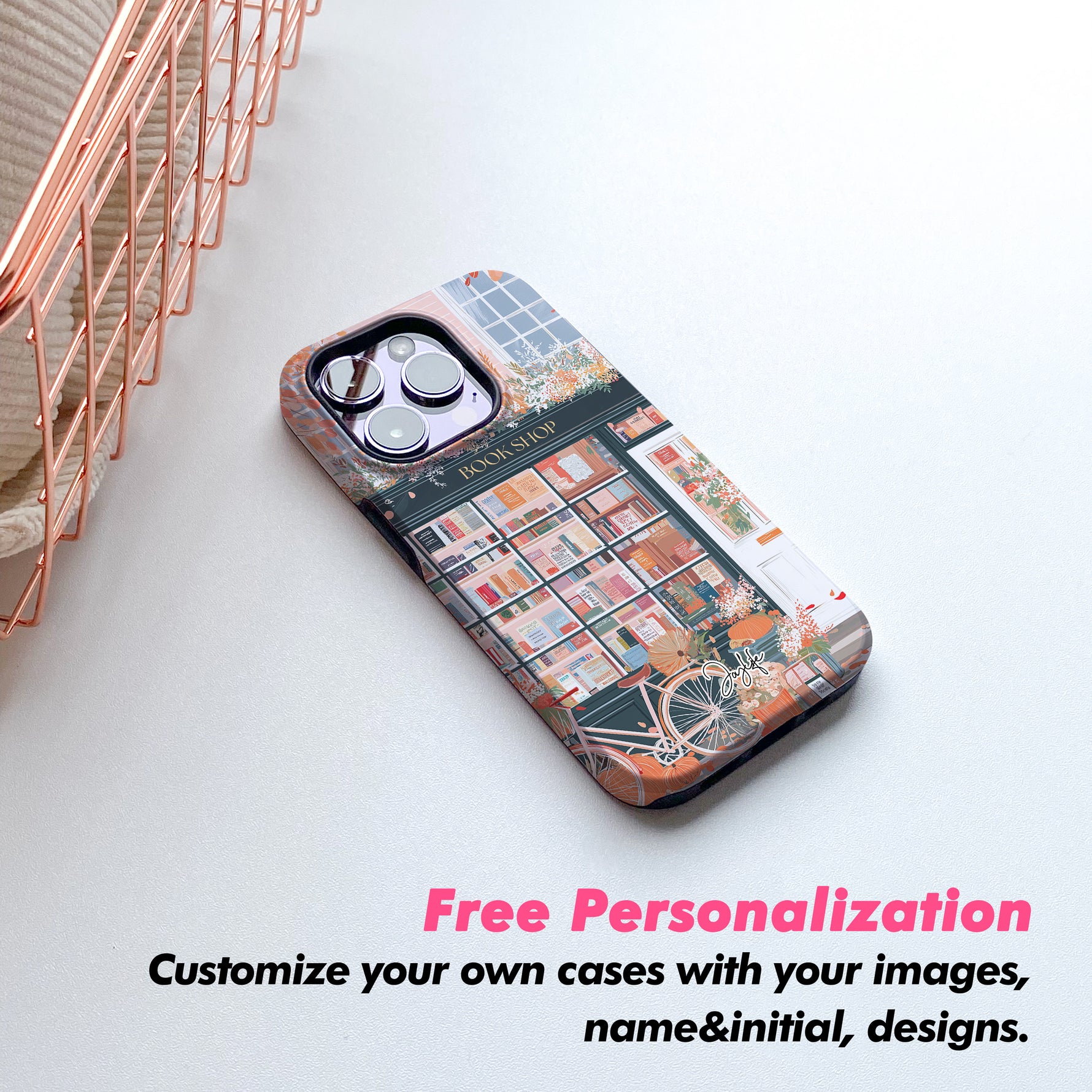 Phone case with a colorful design on a white surface, featuring text about free personalization.