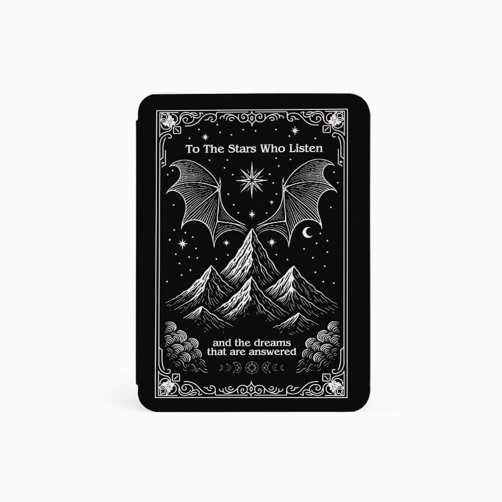 Black and white tarot card with mountain and bat design on a white background