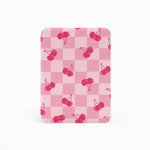 Small rectangular pouch with pink and white checkered pattern and red cherries on a white background