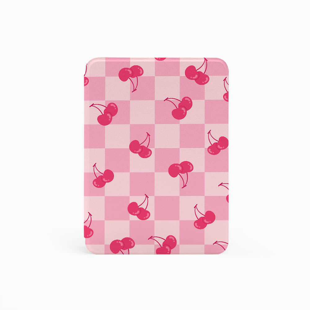 Small rectangular pouch with pink and white checkered pattern and red cherries on a white background