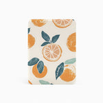 Notebook with orange and leaf pattern on a white background