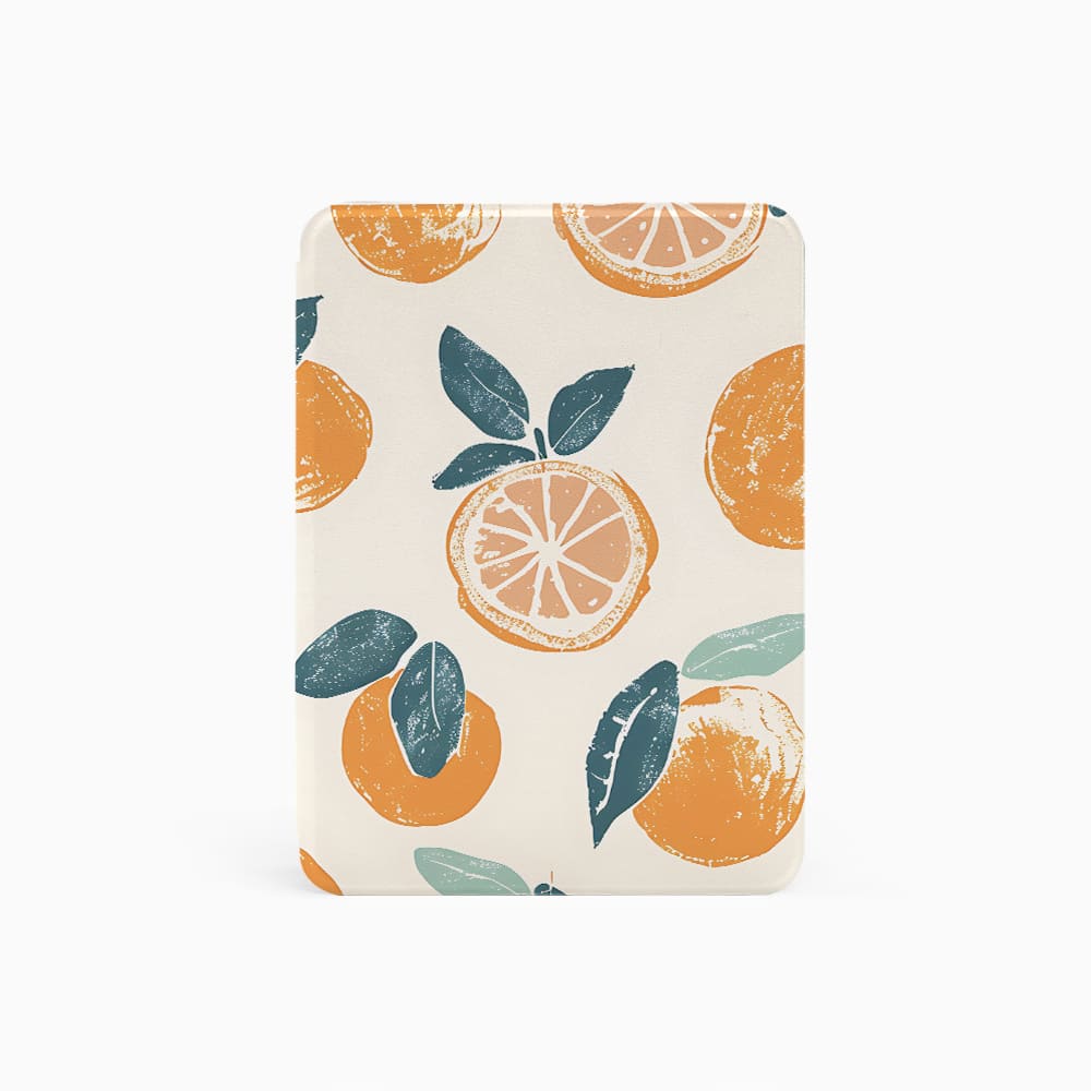 Notebook with orange and leaf pattern on a white background