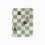 Checkered notebook with illustrations and text on a white background