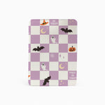 Checkered notebook with Halloween-themed design on a white background