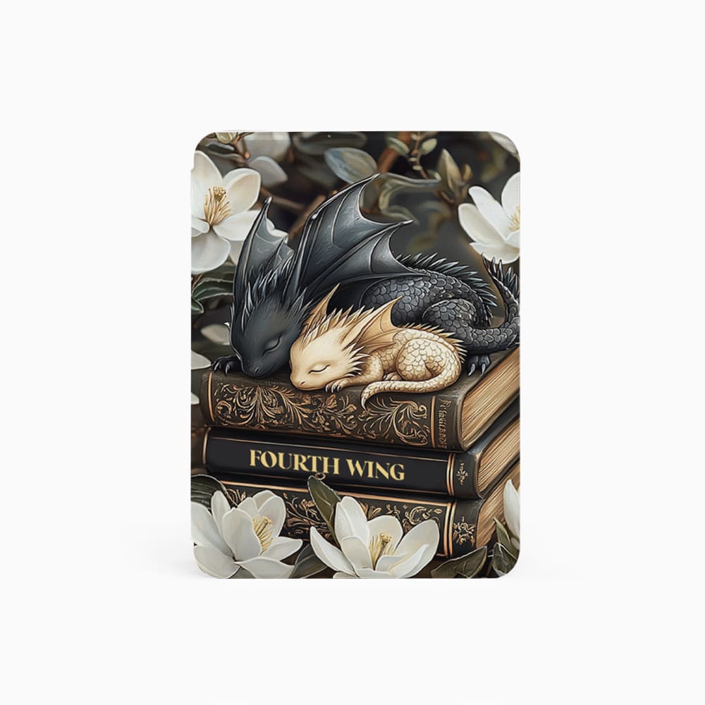 Book with dragon design titled 'Fourth Wing' surrounded by flowers on a white background