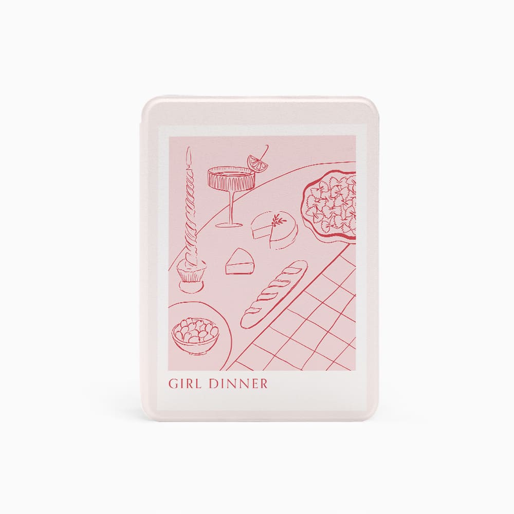 Rectangular card with illustrations of food and 'Girl Dinner' text on a white background