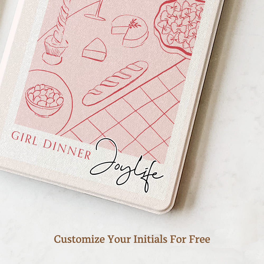 Notebook with red line drawings of food items on a pink cover, featuring the brand 'Joylife'.