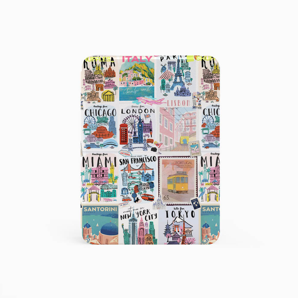 Notebook with city-themed design on a white background