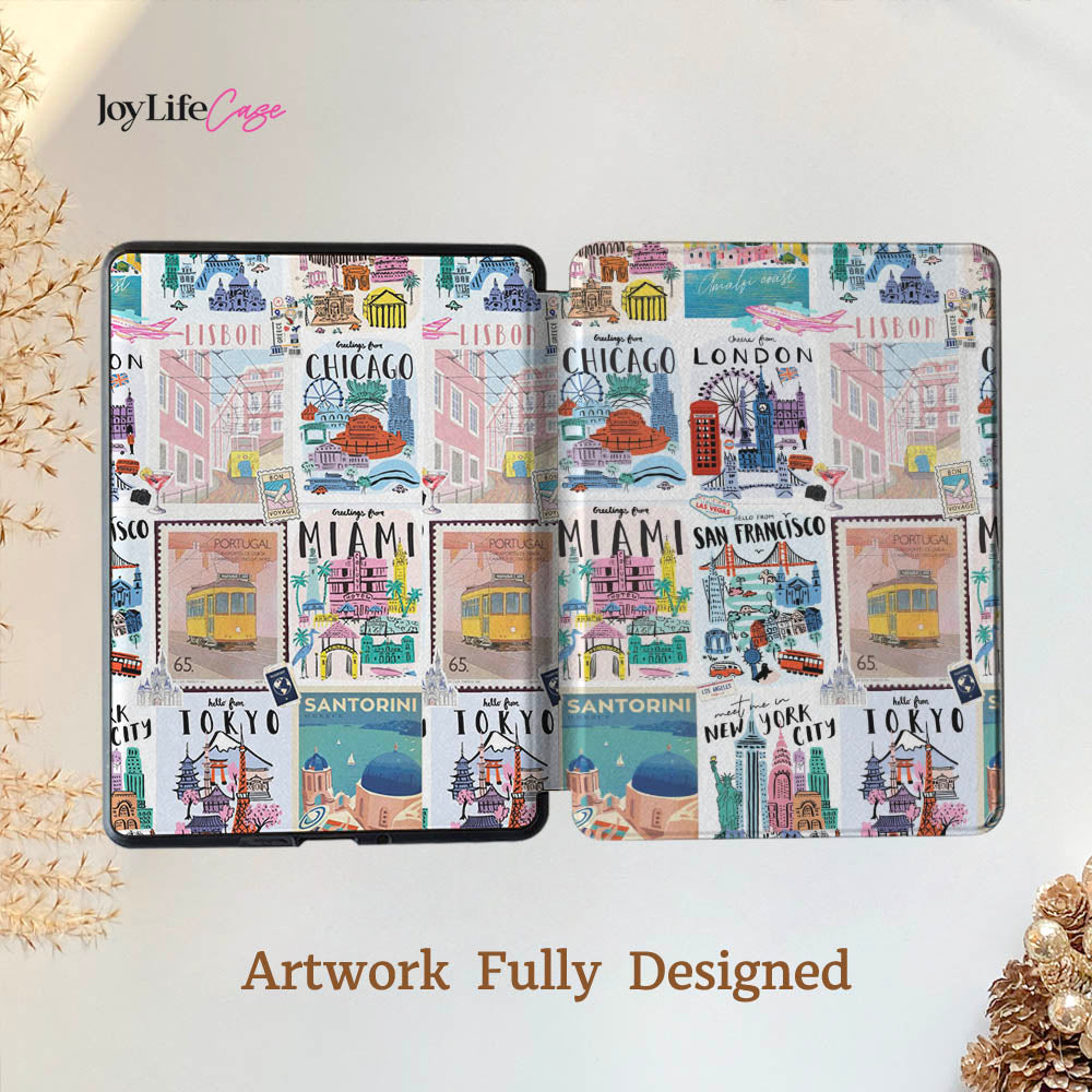 Two phone cases with city-themed designs on a white background