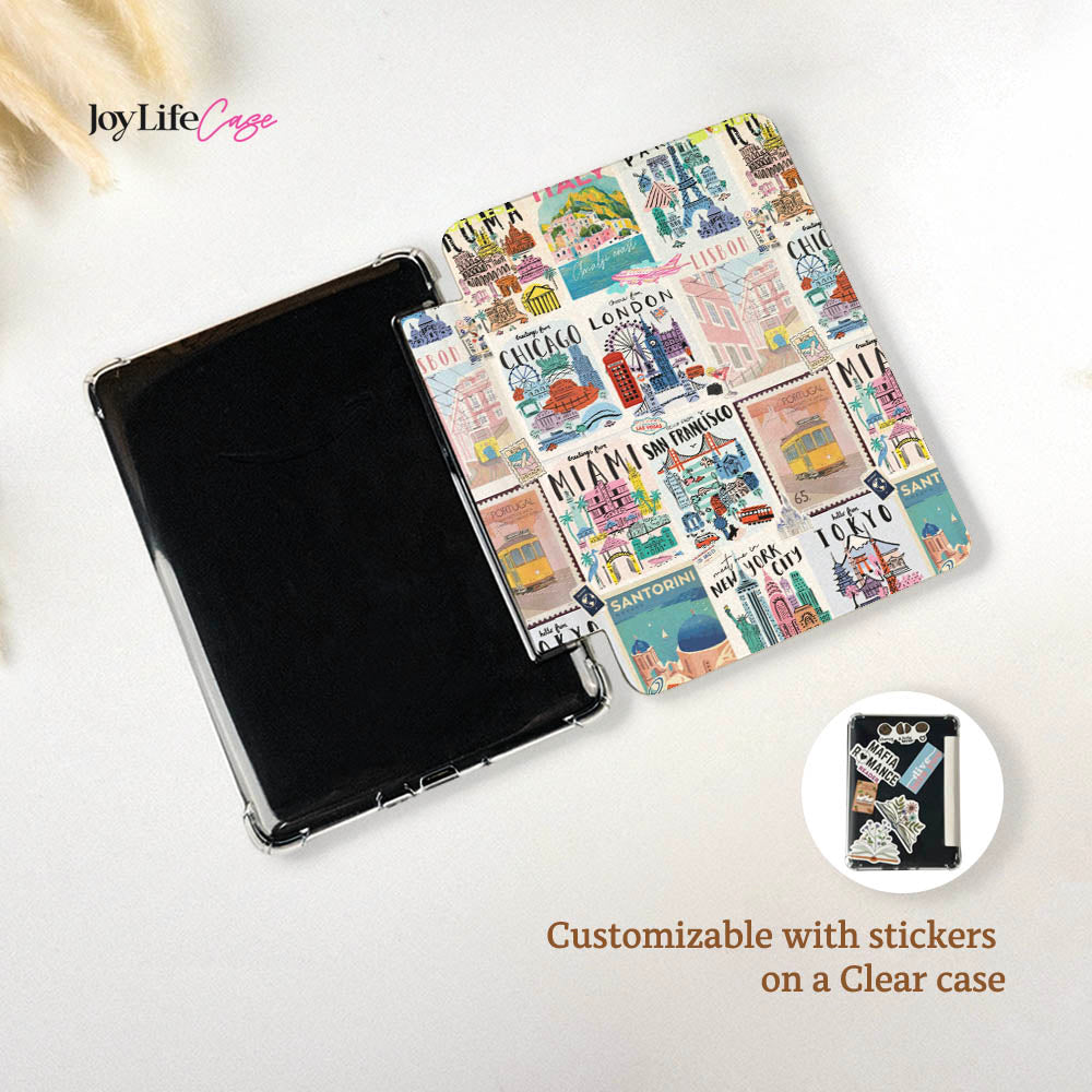 Tablet case with colorful cityscape design on a white background, featuring the brand 'JoyLife Case'.