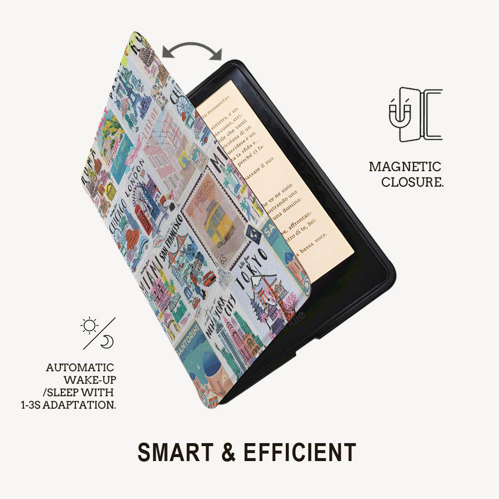 Tablet case with travel-themed design on a white background