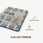Vegan leather case with city-themed design on a white background