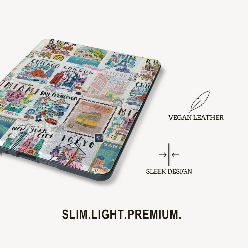 Vegan leather case with city-themed design on a white background