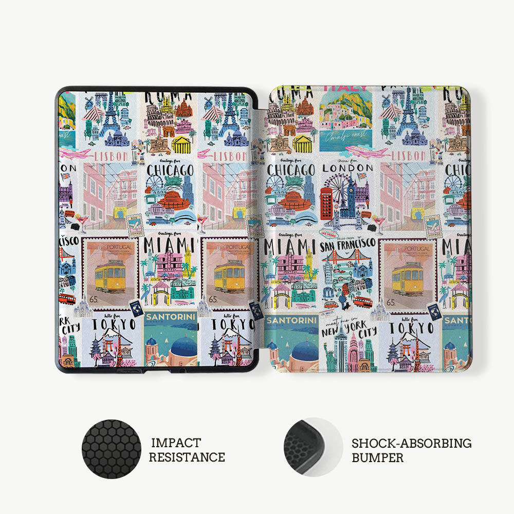 Two tablet cases with travel-themed design on a white background