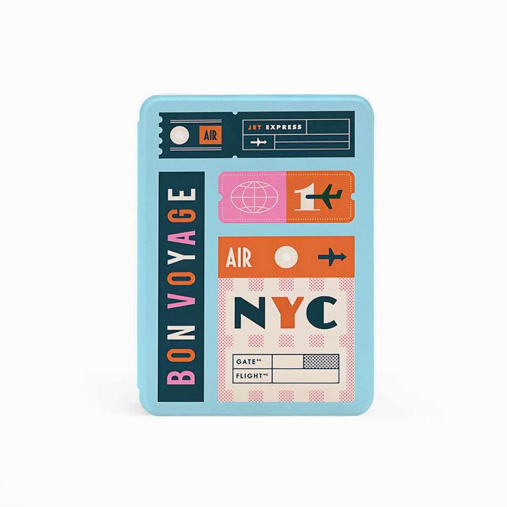 Design resembling a vintage travel luggage tag with 'NYC' on a light blue background