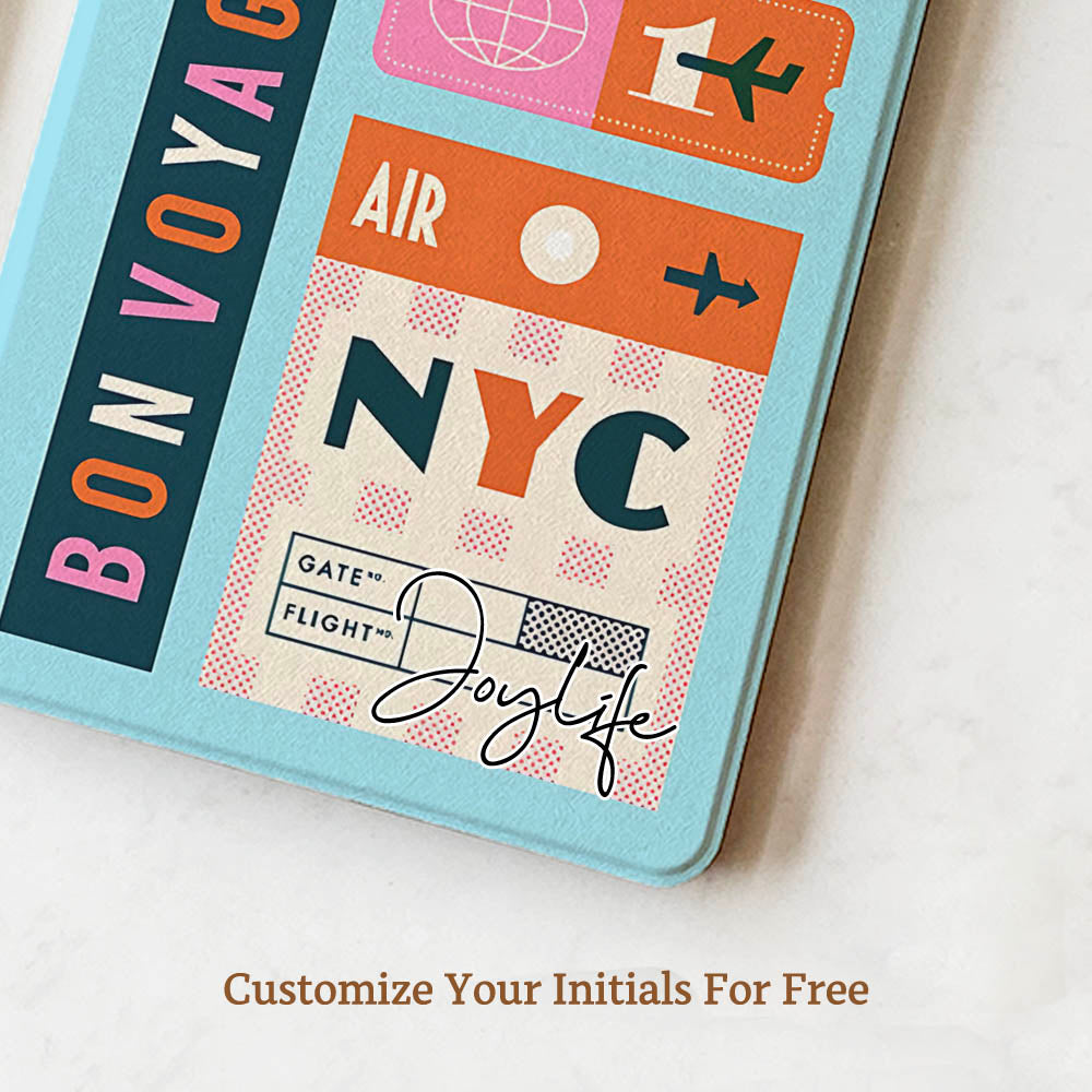 Colorful travel-themed notebook with 'Air NYC' design on a light background