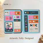 Phone case with travel-themed design on a light background