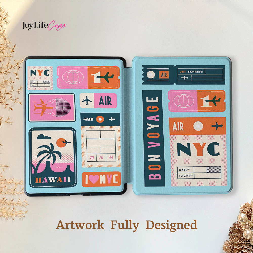 Phone case with travel-themed design on a light background