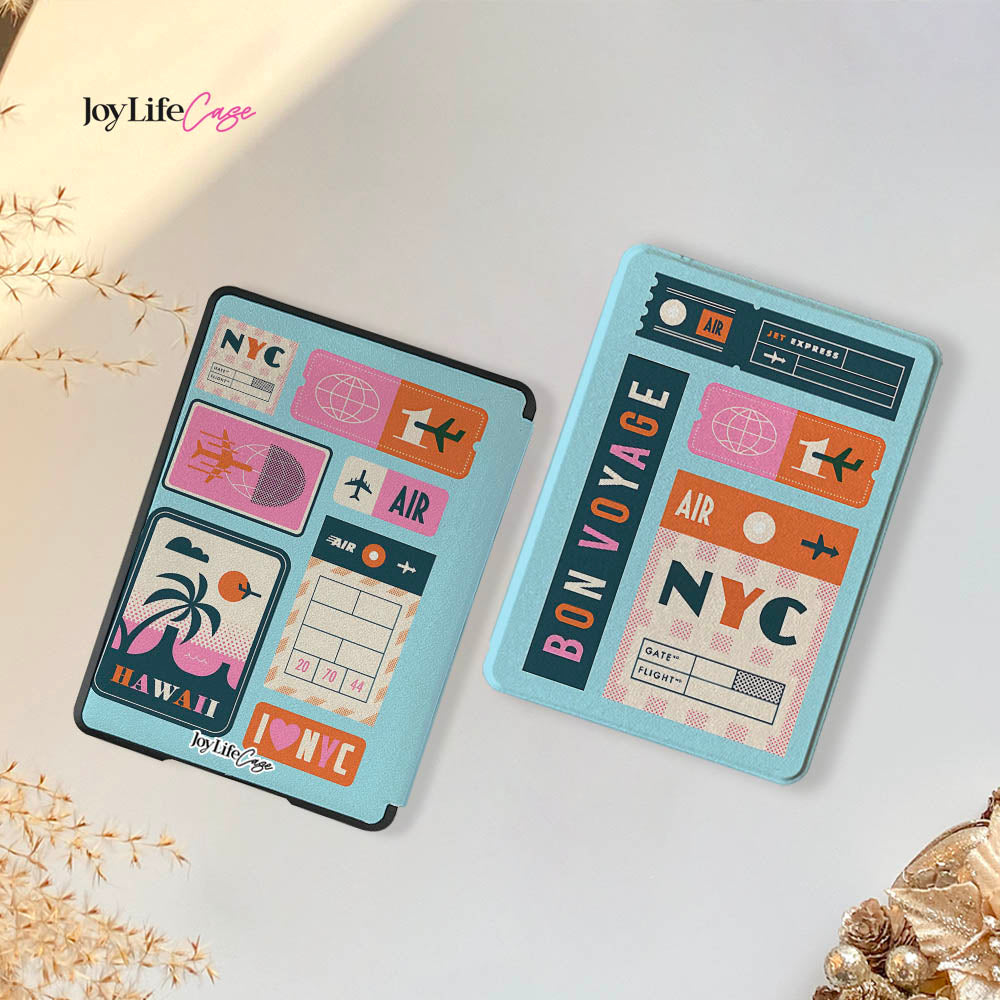 Two travel-themed passport holders with 'Hawaii' and 'NYC' designs on a light background.