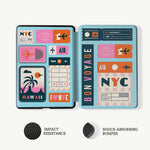 Two phone cases with travel-themed designs on a white background