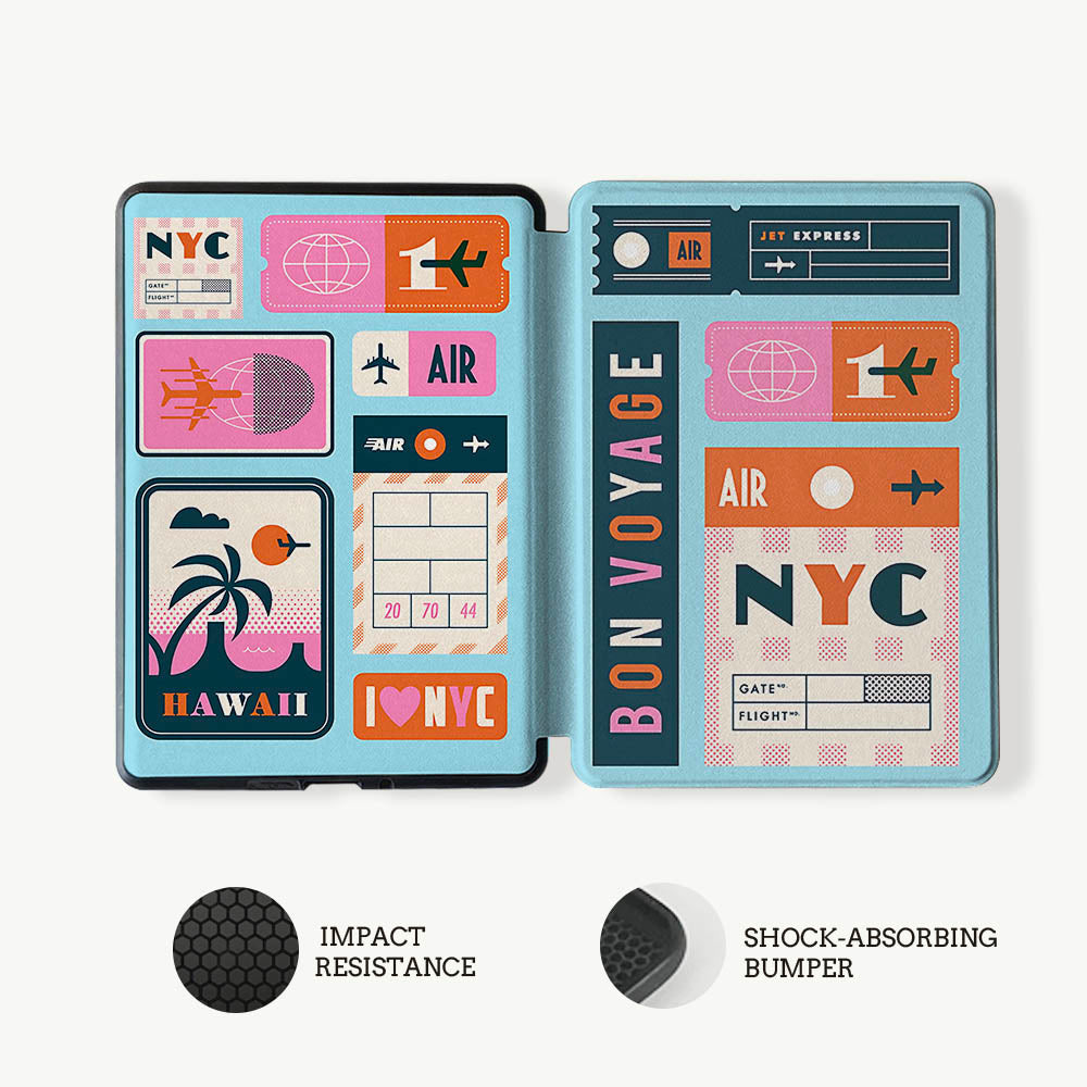 Two phone cases with travel-themed designs on a white background