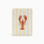 Rectangular cutting board with a red lobster design on a beige and white striped background