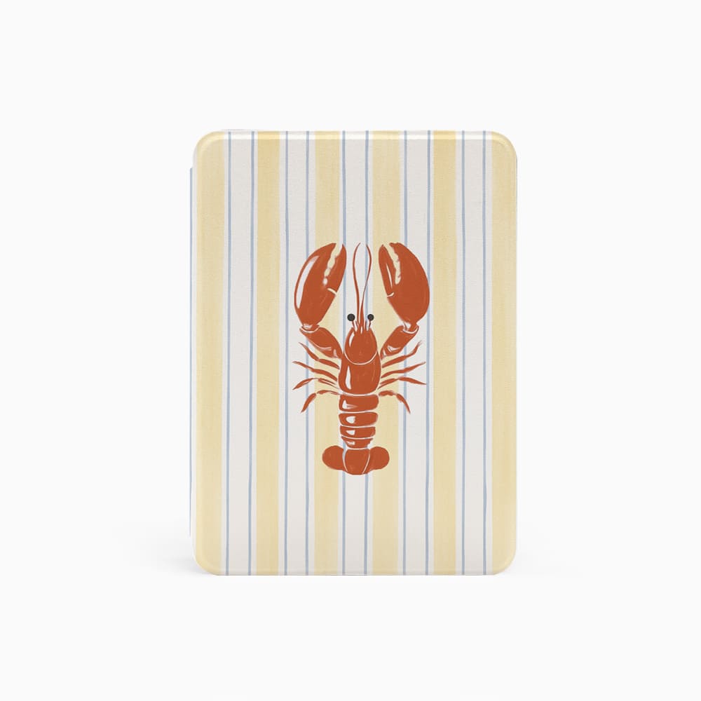 Rectangular cutting board with a red lobster design on a beige and white striped background