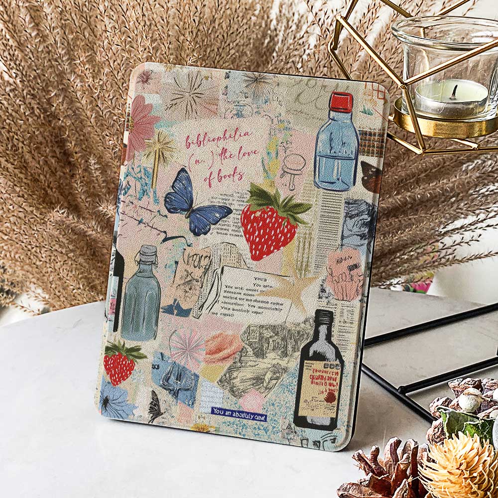 Travel-inspired protective case for Kindle Fire featuring a vibrant collage of maps, landmarks, and adventure motifs, offering durable protection and a stylish design.