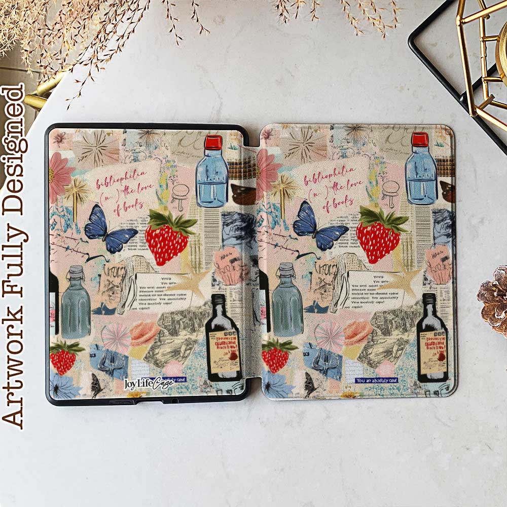 Travel-inspired protective case for Kindle Fire featuring a vibrant collage of maps, landmarks, and adventure motifs, offering durable protection and a stylish design.