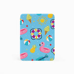 Colorful patterned card with summer-themed illustrations on a blue background