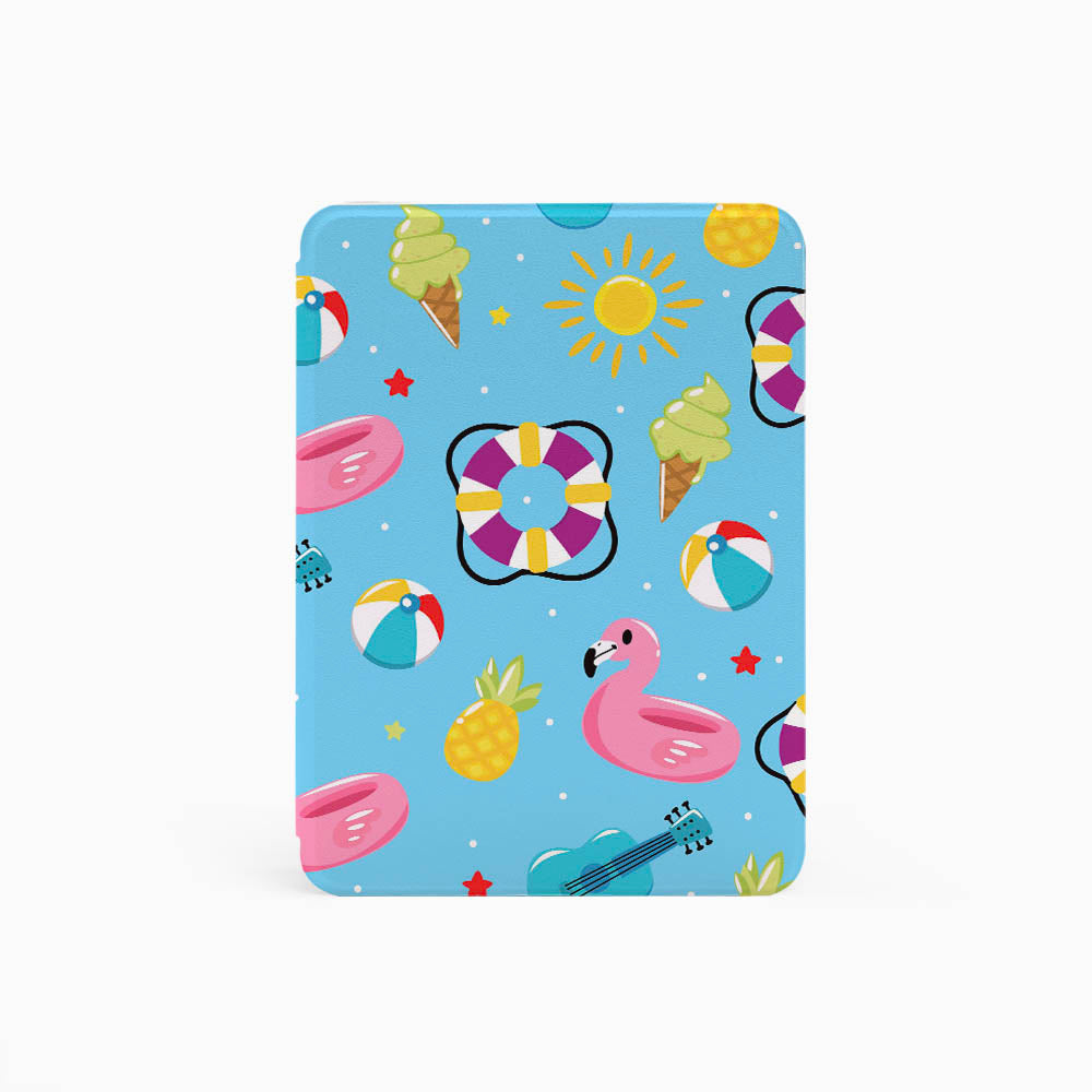 Colorful patterned card with summer-themed illustrations on a blue background