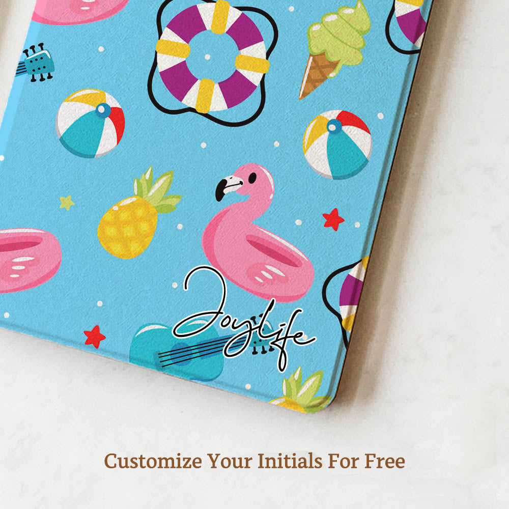 Notebook with a colorful summer pattern on a white surface