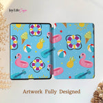 Tablet case with flamingo, pineapple, and beach ball design on a light blue background